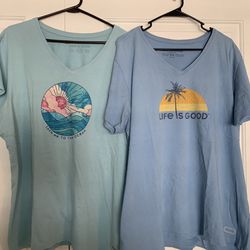 Two Xxl Life Is Good Crusher Tees- Ocean and Palm tree