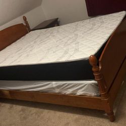 Full Size Wood Antique Bed with mattress, matching dresser & night stand