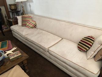 2 Beige suede with brown trim couches