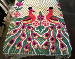 Vintage Chenille Bedspread Colorful Peacock 91x102”