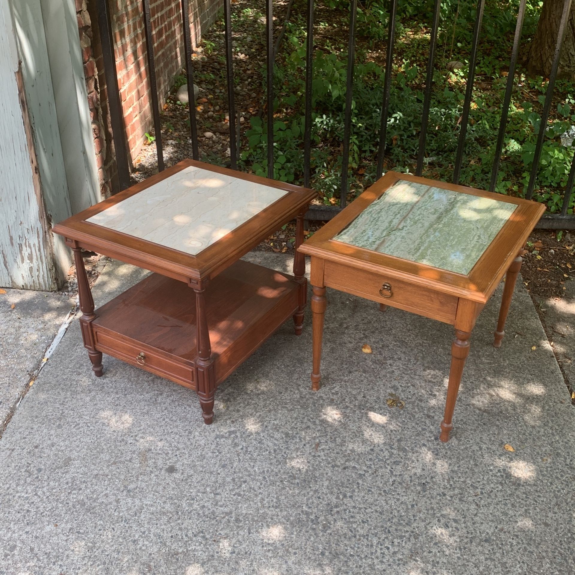 Pair Of End Tables With Marble Tops And Drawers 