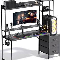 48” Office PC Study Desk with Storage Shelves and 3 Fabric Drawers, Carbon Fiber Black