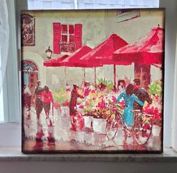 Canvas wall art, European flower market street scene with red umbrellas. 22" × 22" square wrapped canvas, beautiful impressionist style. Excellent con