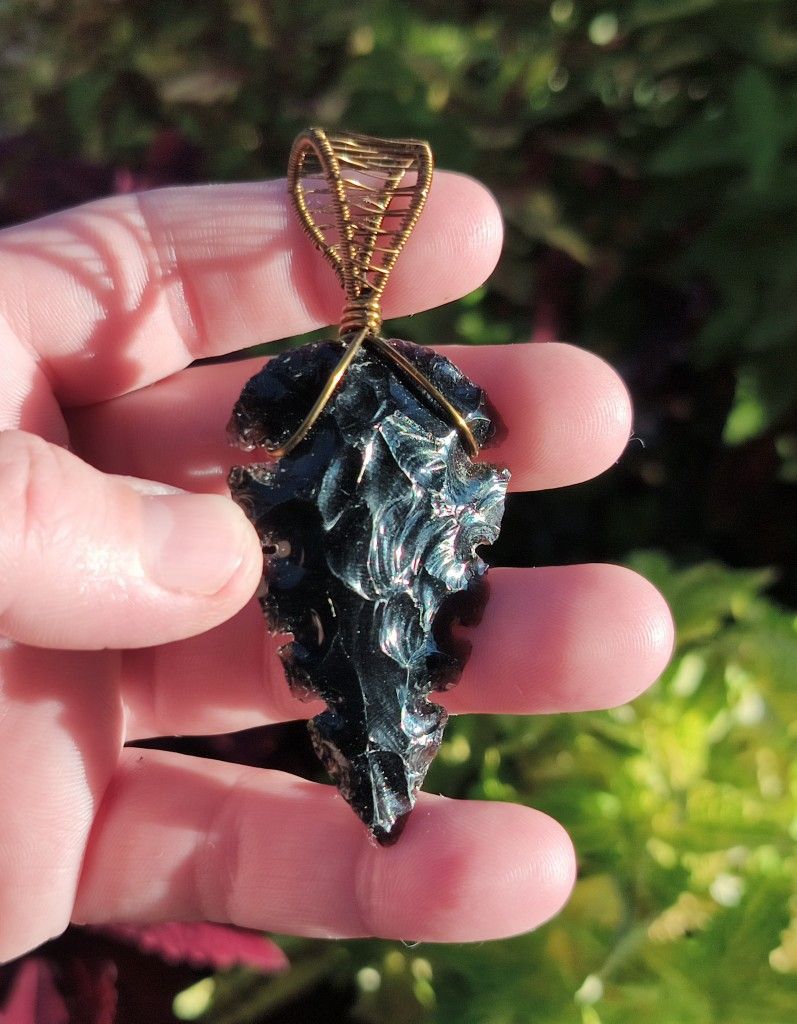 Large Black Obsidian stone pendant (Handcrafted Native American Style Jewelry)