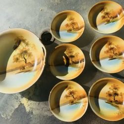 Vintage collectible set Noritake China in the popular "Tree in the Meadow" pattern (sometimes referred to as "House by the Lake")