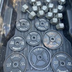 HEAVY STEEL HEX DUMBBELLS  (PAIRS OF)  :  50s   55s   70s   75s   80s   85s   90s  95s  100s   120s  = $1.30 LB   / & \  45 LB. OLYMPIC  CADDY PLATES 