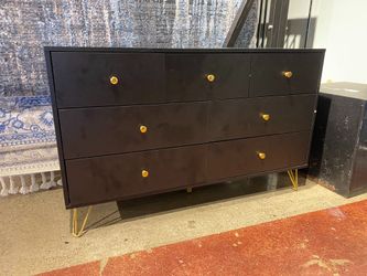 Modern Black Seven Drawer Dresser with Gold Hardware