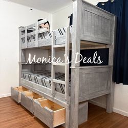 Solid Wood Twin/Twin Bunk Bed With 3 Drawers And Memory Foam Mattresses $1,100