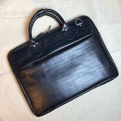 Black Crocodile Leather Laptop Briefcase Business Work Bag w/ Shoulder Strap 
