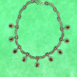 Vintage Sterling Garnet Marcasite Necklace 