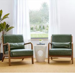 Green Leather Accent Chairs with Wood Frame – Set of 2