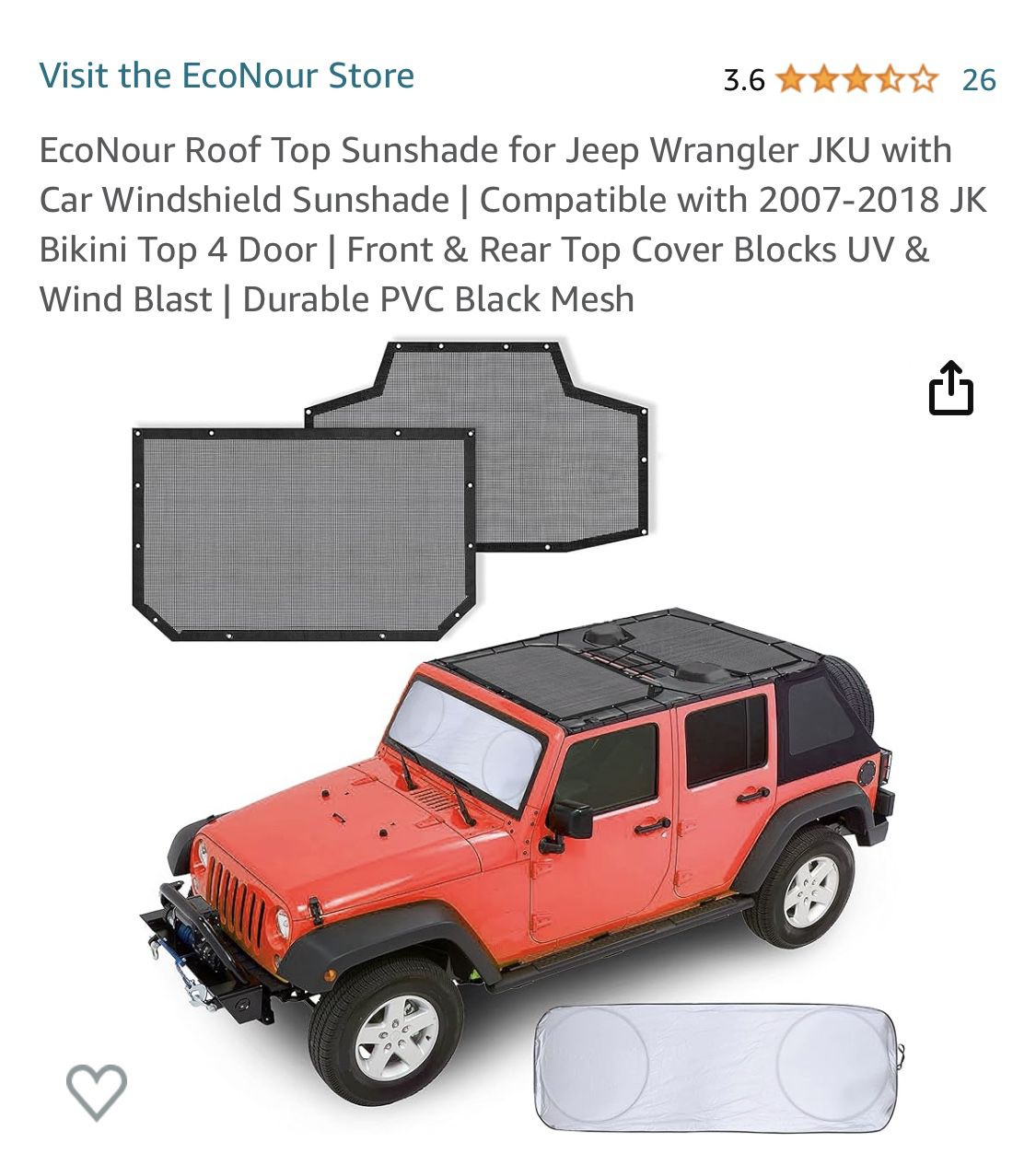 EcoNour Roof Top Sunshade for Jeep Wrangler JKU with Car Windshield Sunshade | Compatible with 2007-2018 JK Bikini Top 4 Door | Front & Rear Top Cover