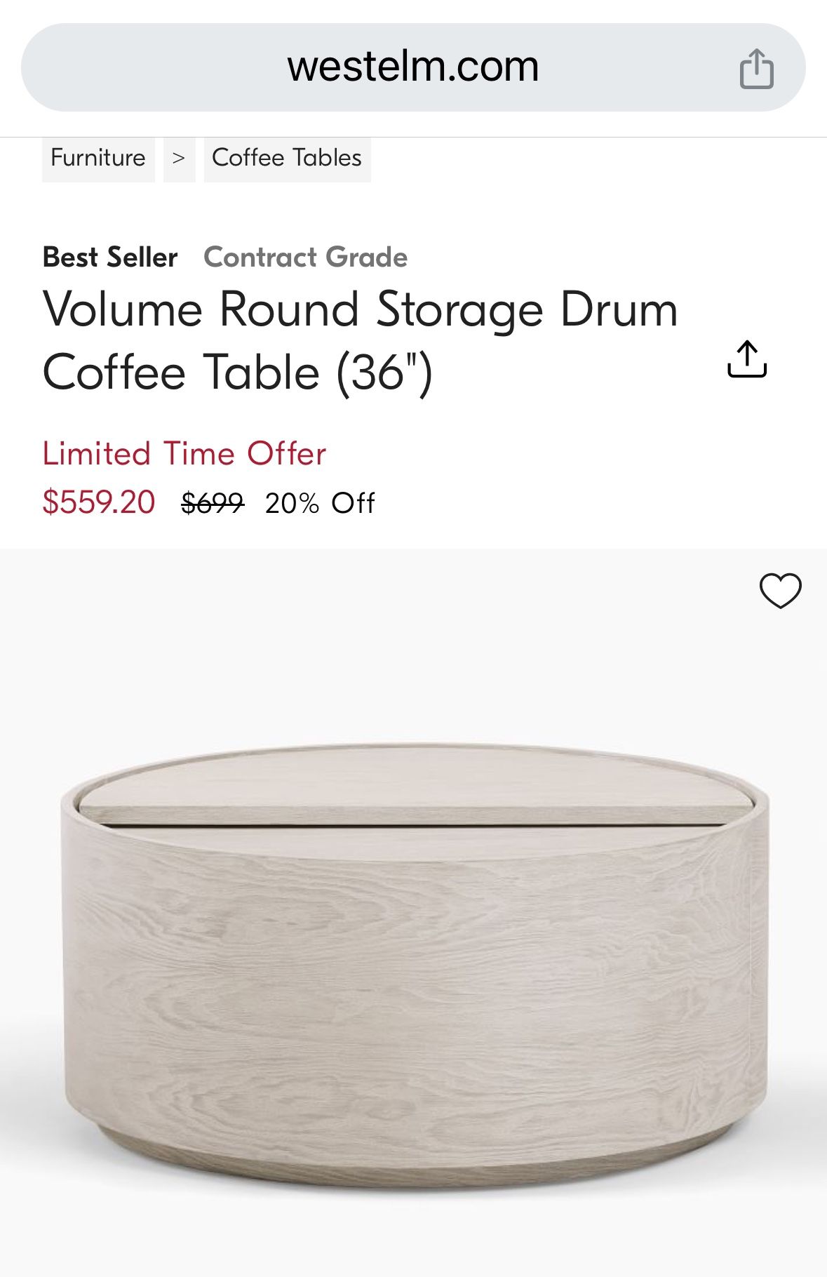 West Elm “Volume Round Storage Drum” 36” Coffee Table