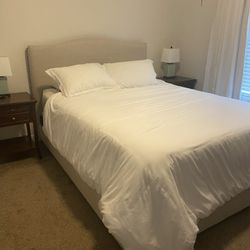 Queen Upholstered Bed w/ Frame, Box Spring & Mattress – Great Condition!
