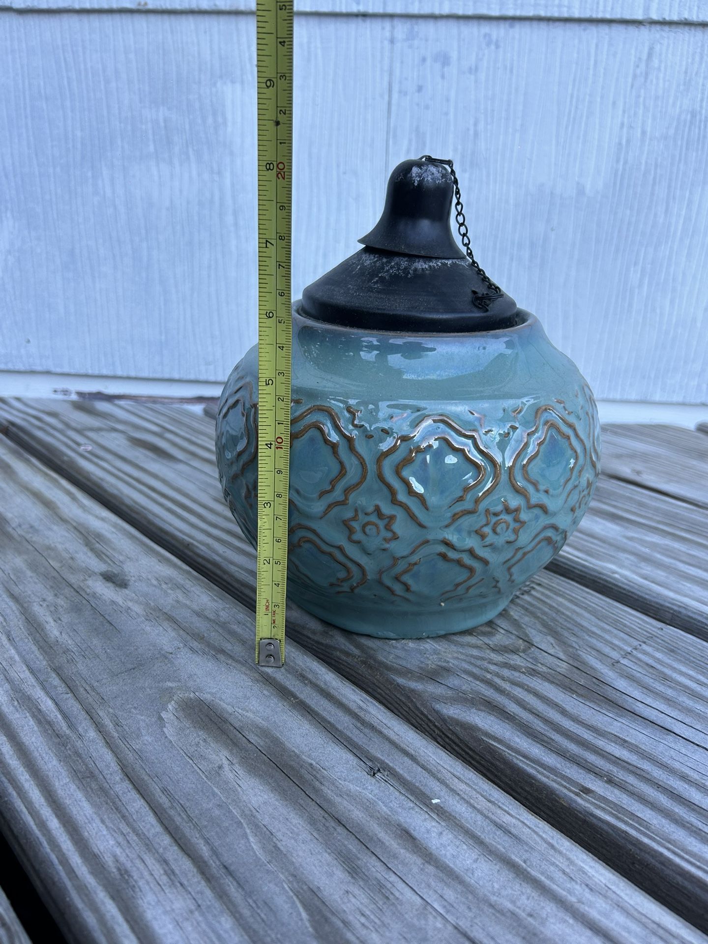 Porch Deck Ceramic Oil Lantern Light Bugs Teal Blue Green Table Home Decor Outside Summer Time Bbq