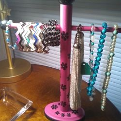 Necklaces, Bracelets, Pink Wooden Jewelry Stand