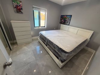King bed frame with mattress and chest. All new furniture free delivery free installation