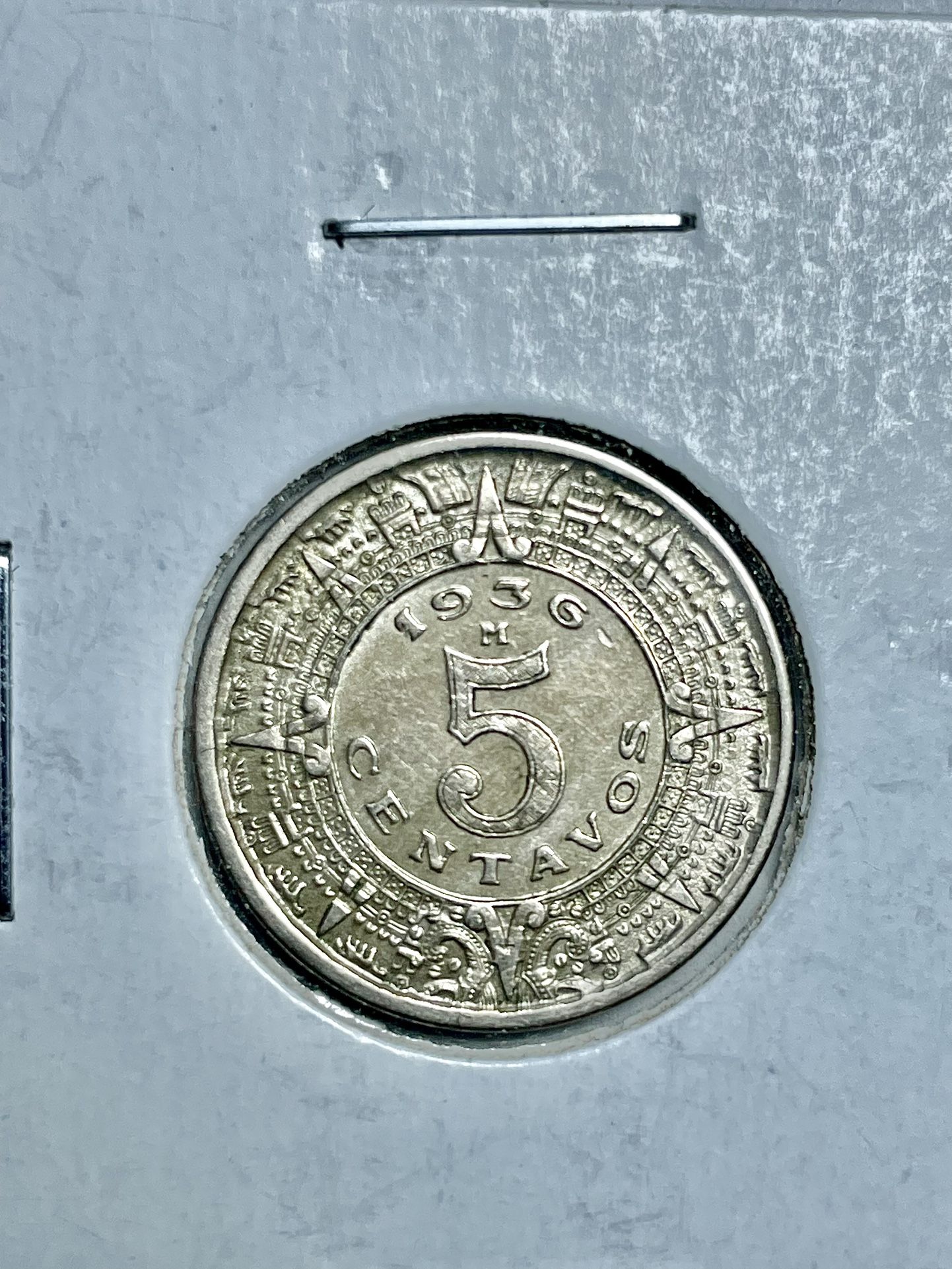 Mexico 1936- 5 Centavos Coin, Aztec, Sun Stone