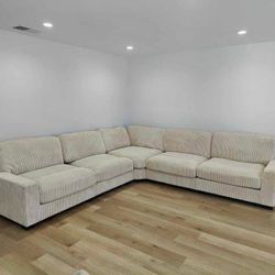 New Corduroy Sectional.  Beige Or Grey.  127x127.  Free Delivery!