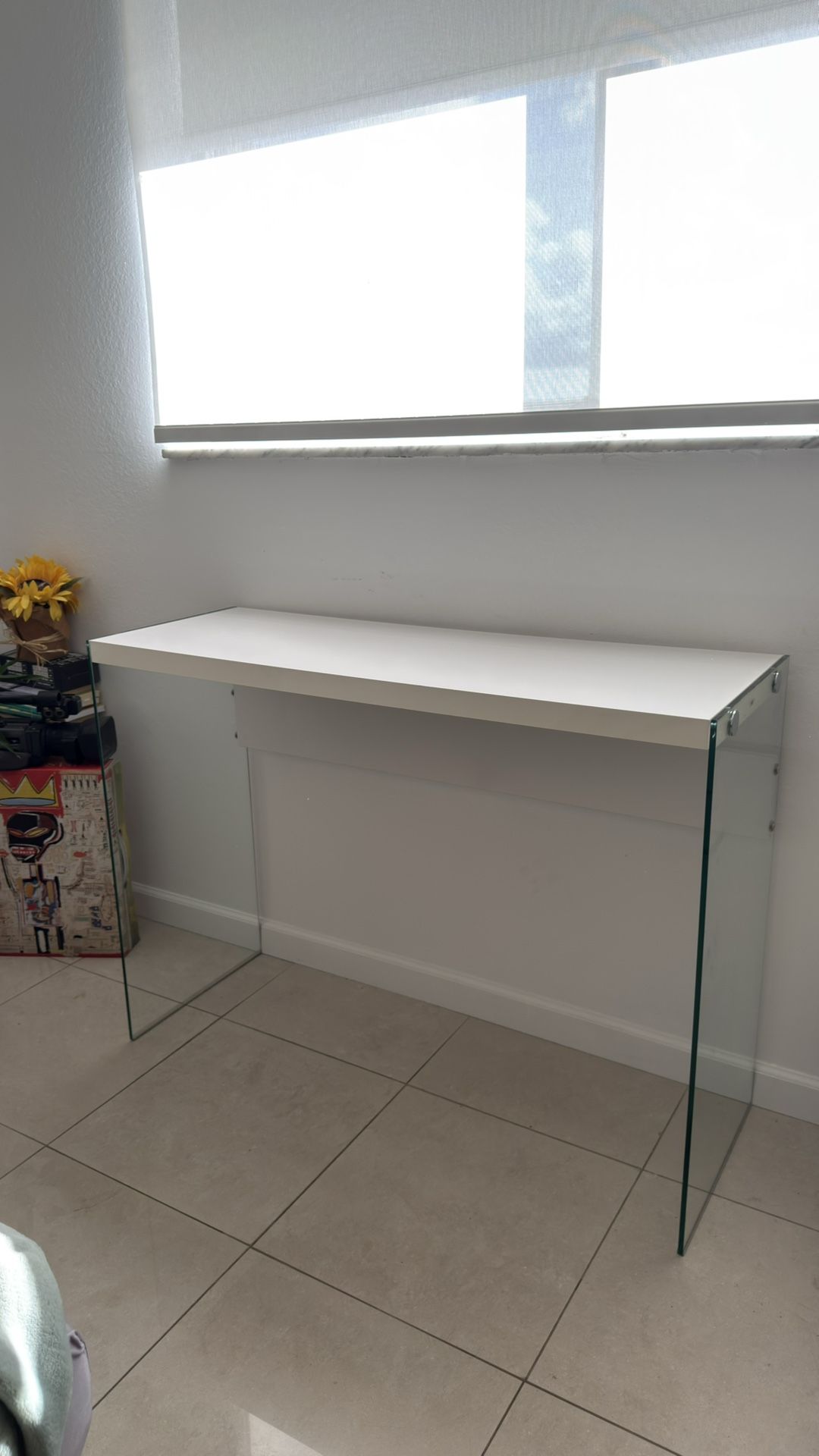 Console Table with Tempered Glass, White
