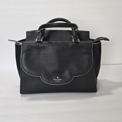KATE SPADE ♤NEW YORK♤ LOVELY & SLEEK ~Leewood Place Makayla Satchel~Purse/Bag in BLACK PEBBLED LEATHER with a WHITE TRIM. 

