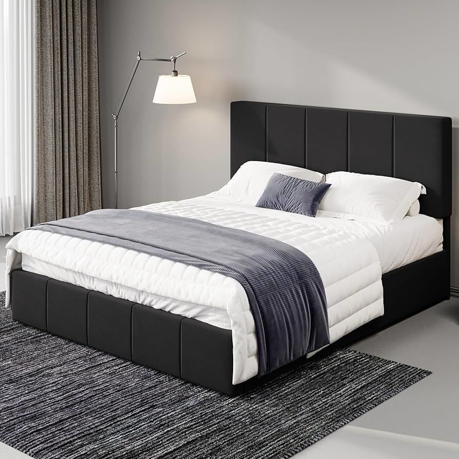 Queen Size Dutch Velvet Upholstered Platform Bed Frame/Vertical Channel Tufted Adjustable Headboard/Low Profile Bed Frame/No Box Spring Nee