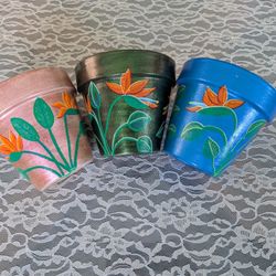Set Of 3 Hand Painted Bird Of Paradise Terra Cotta Pots