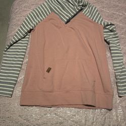 Womens Small Maurice’s Zip Up Pink Grey White Striped Cowl Neck Sweatshirt 