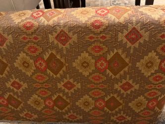 Window valance 110 inches long 4 1/2 inches deep 18 inches tall. Heavy, made of wood, covered in fabric
