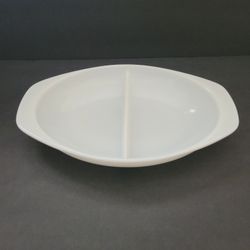 Vintage Milk Glass Pyrex Oval Divided Dish with Handles