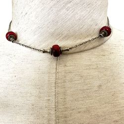 Silver And Red Beaded Necklace 