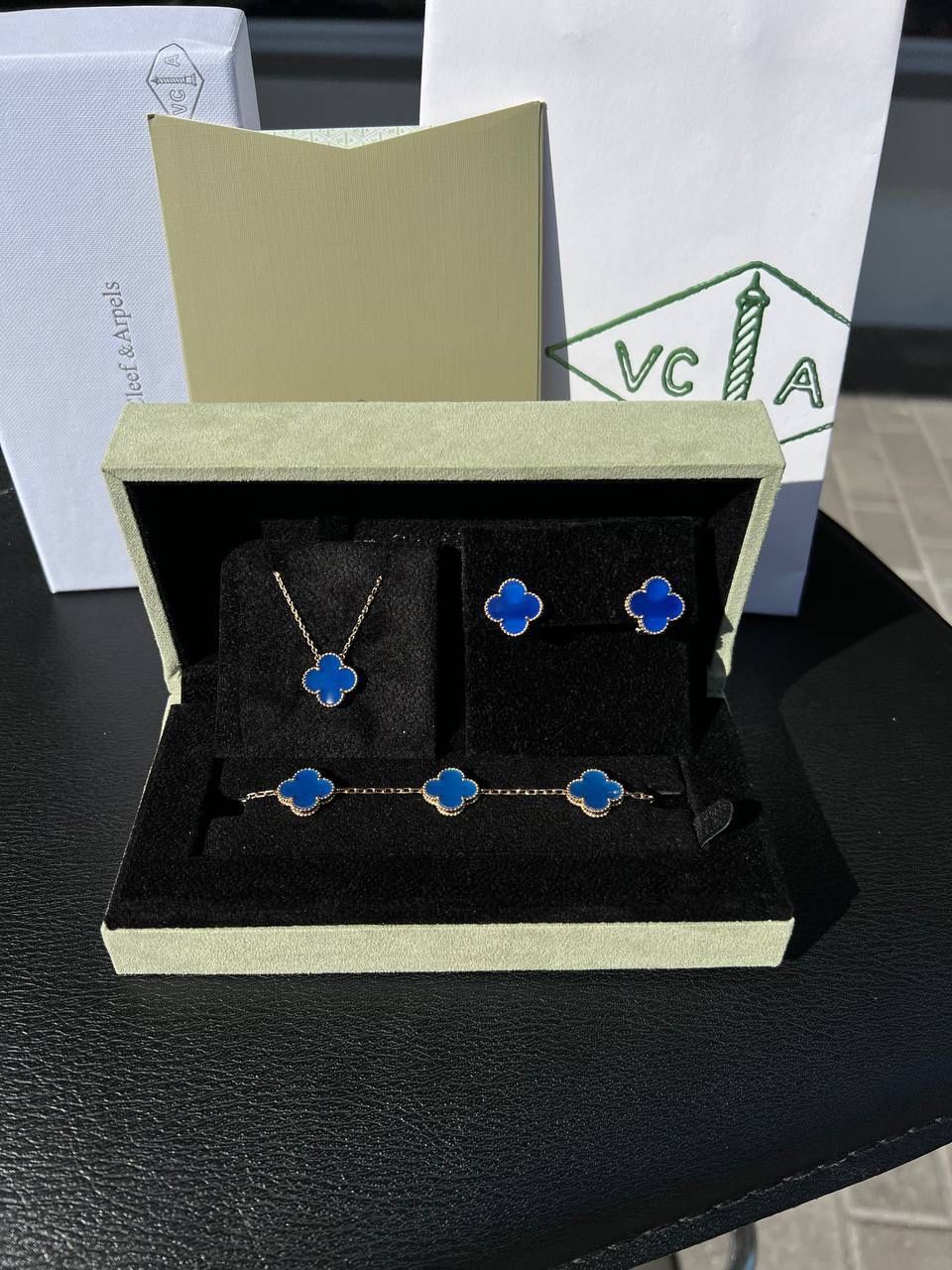18k yellow gold Van cleef style Blue Agate clover shape stone bracelet necklace earrings set