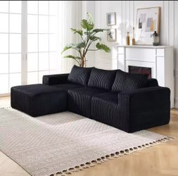 Modern minimalist L-shaped sectional modular sofa in fabric with deep seats and chaise longue on the right for living room - Cloud Black