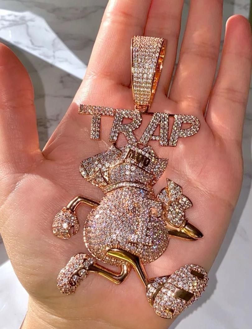 HUGE 3.5" Famous Trap Money π° Bag Pendant 14k Gold Plated Super Iced Out w/Simulated Diamonds Hip Hop, Rapper