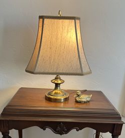 Vintage Bouillotte Solid Brass Double-Light Table Lamp w/ Original Fabric Shade Small Retro Fine