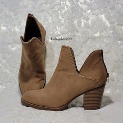 Market & Spruce Women's Tan Suede Cutout Ankle Booties Block Heel Rear Zipper