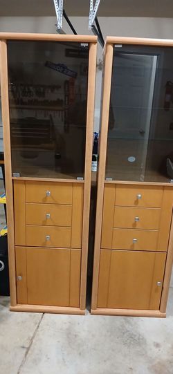 Pair of Tall Wood Storage Cabinets with Glass Doors