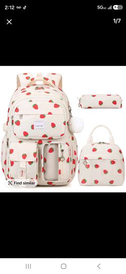 Strawberry Print Backpack Set with Lunch Bag and Pencil Case