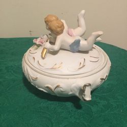 Antique Candy Box With Cherubs Bone China Porcelain Lovely Tender Scene