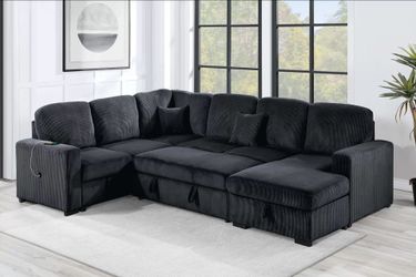 Brand New Black Corduroy Sectional Sofa Storage Sleeper
