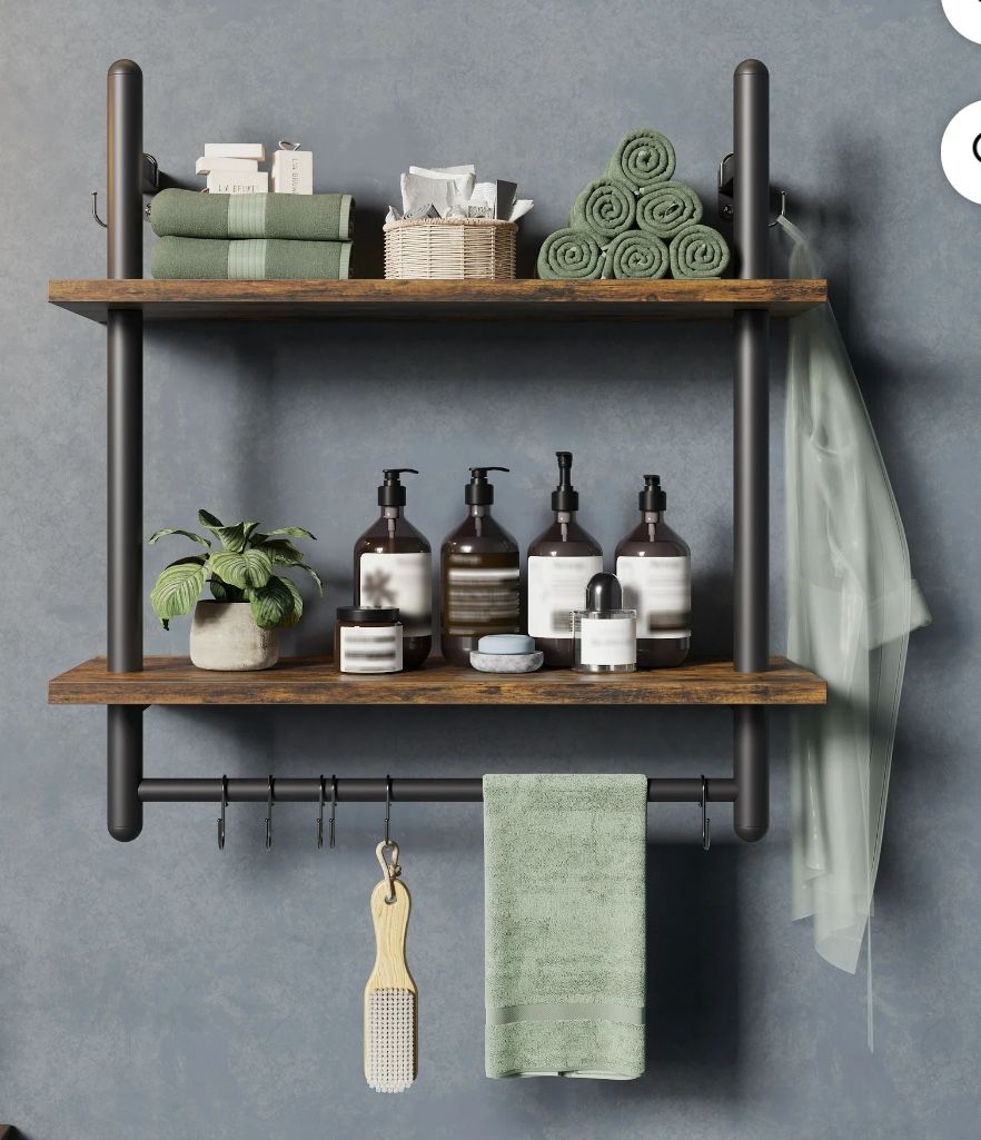 Two tier shelf with hanging hooks