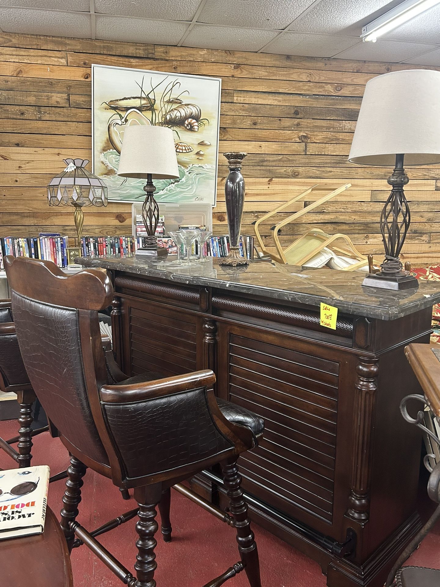 Elegant Wooden Marble Top Bar With Two swivel barstools