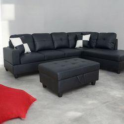 Contemporary Black Leatherette Sofa Sectional With FREE.XL STORAGE OTTOMAN! 