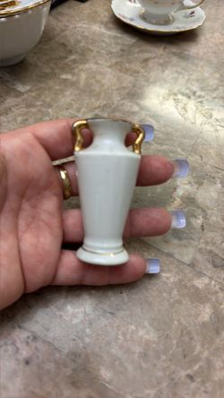 Miniature White Porcelain Vase with Gold Handles