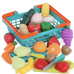 Battat Play Food for Toddlers with Farmers Market Basket and Chopping Board, Toy Food for Kids