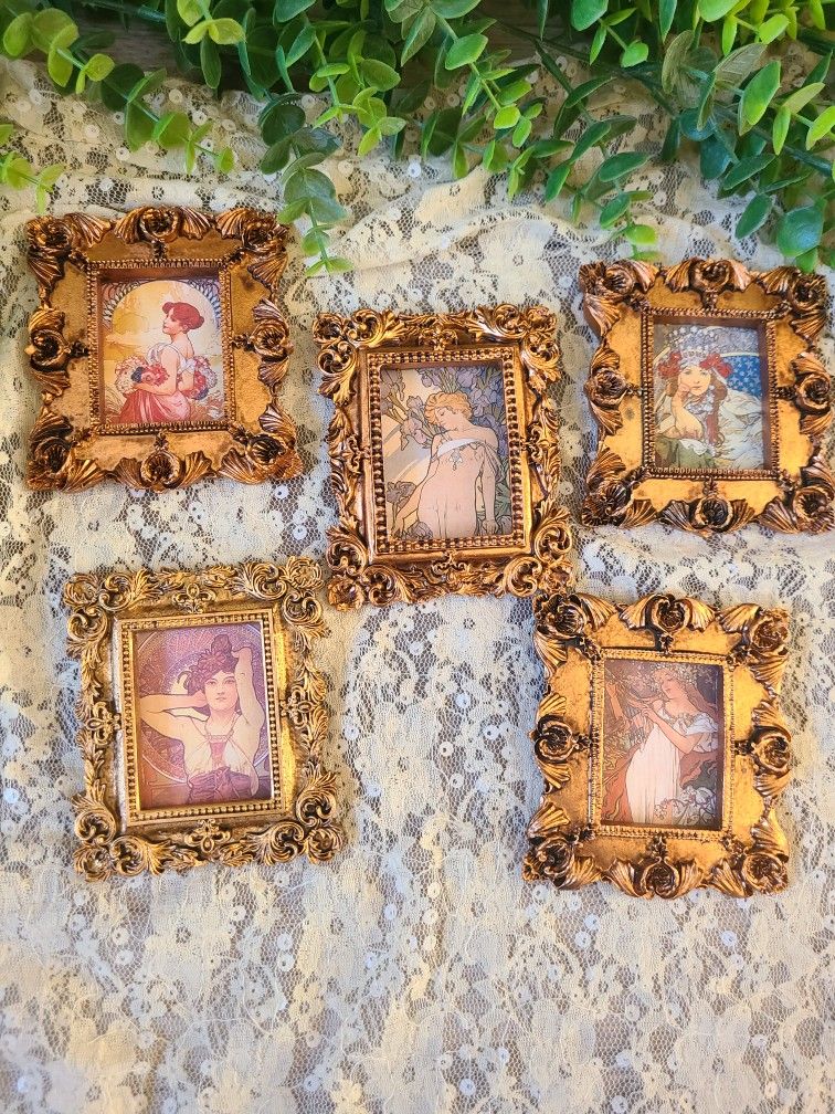 Mini alphonse mucha art in small baroque frames - $18 for 1, $15 for multiples, $75 for all
