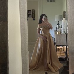 Custom, hand-crafted gown from Turkey in a champagne silk.