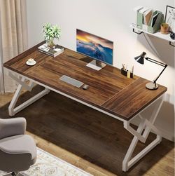 63 Inch Executive Desk, Large Office Desk with Metal Frame, Ergonomic Writing Desk Computer Workstation, Modern Wood Computer Desk for Home Office, Ea