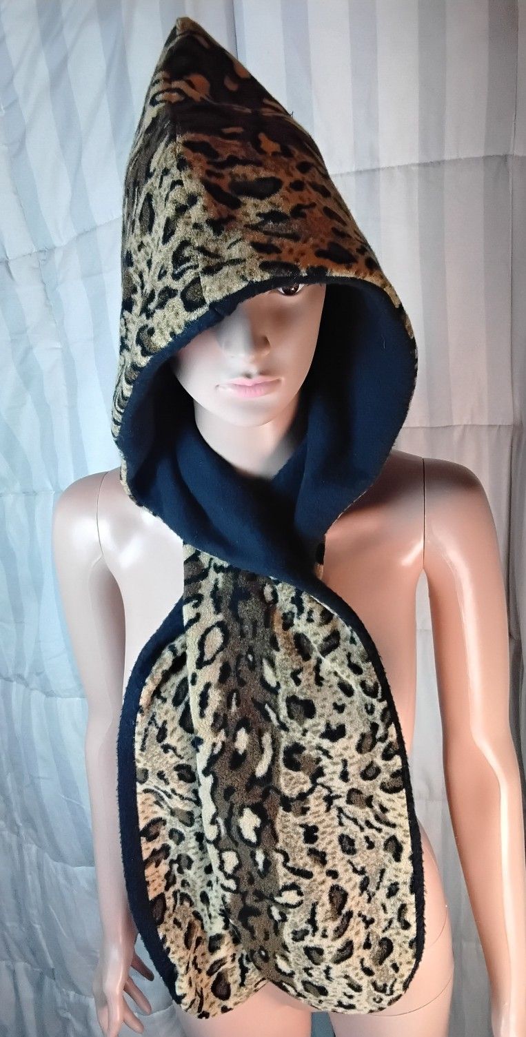 Womans Scarf Hat Faux Fleece Leopard Handmade Vintage