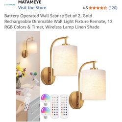 Set of 2 Gold Wall Sconces – Battery Operated, Dimmable, Remote Control (Open Box / Never Used)